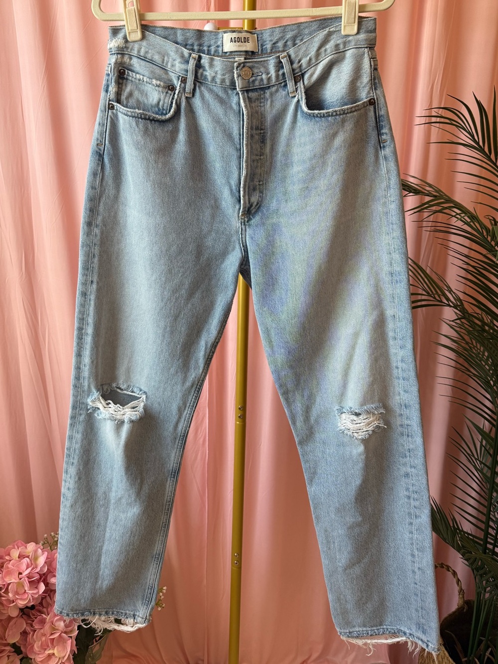 AGOLDE 90s Pinch Waist High Rise Distressed Light Blue Wash Denim Jeans Size 29